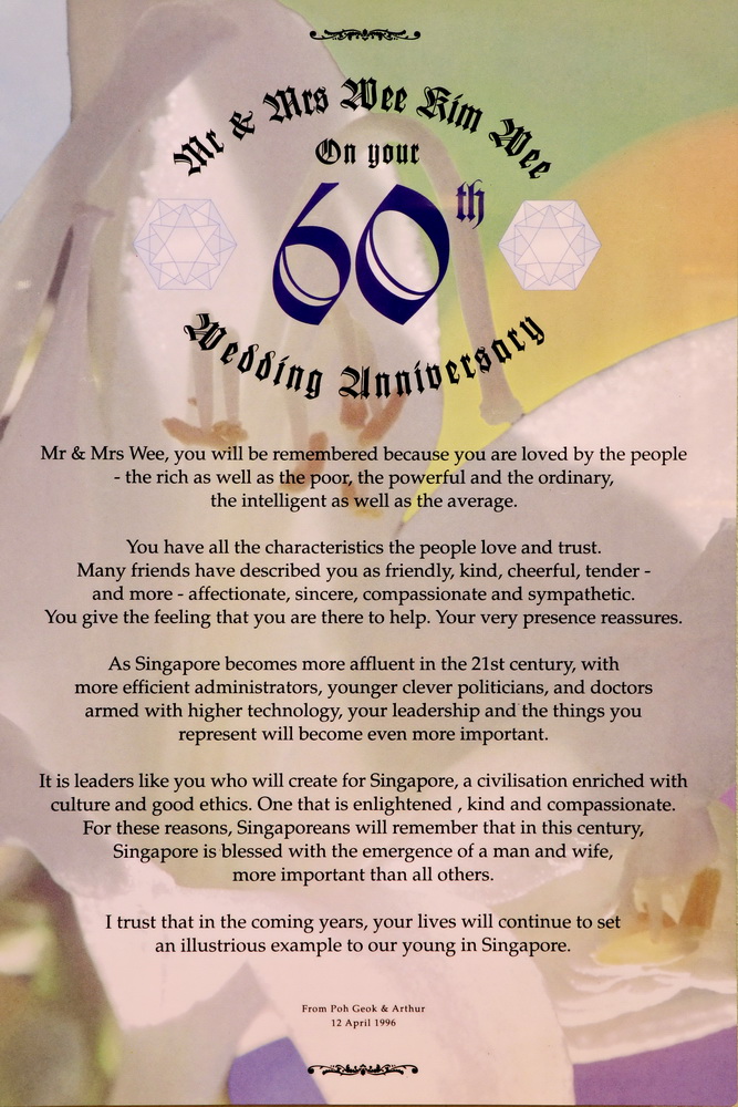 Specially written message from Professor Arthur Lim and Mrs Lim Poh Geok to Dr Wee and Mrs Wee on their 60th Wedding Anniversary on 12 April 1998 